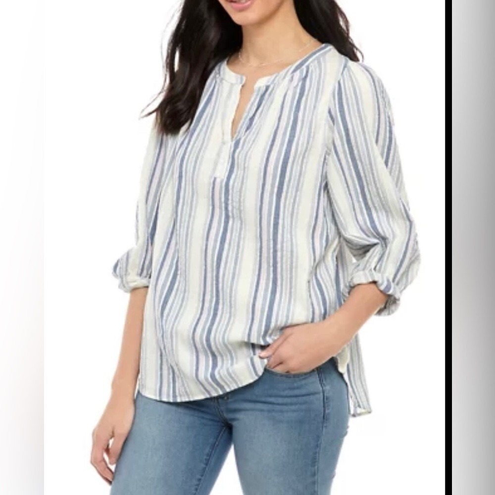 Chaps Womens Blue White Striped Split Neck 3/4 Sleeve Blouse Top Small